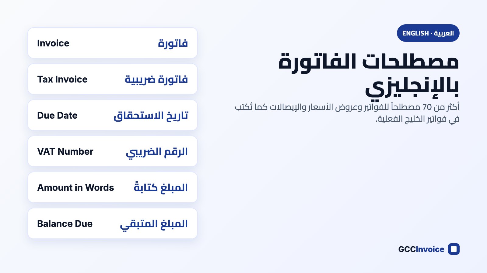 مصطلحات الفاتورة بالعربي والإنجليزي: فاتورة Invoice، فاتورة ضريبية Tax Invoice، تاريخ الاستحقاق Due Date