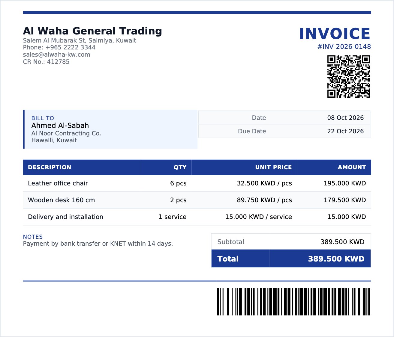 Example of a Kuwaiti invoice without VAT: amounts in KWD with three decimals and the CR number of the business
