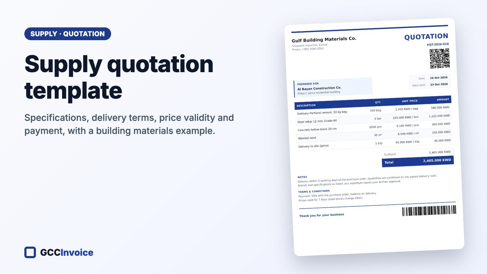 Supply quotation template for materials with specifications, delivery terms and validity